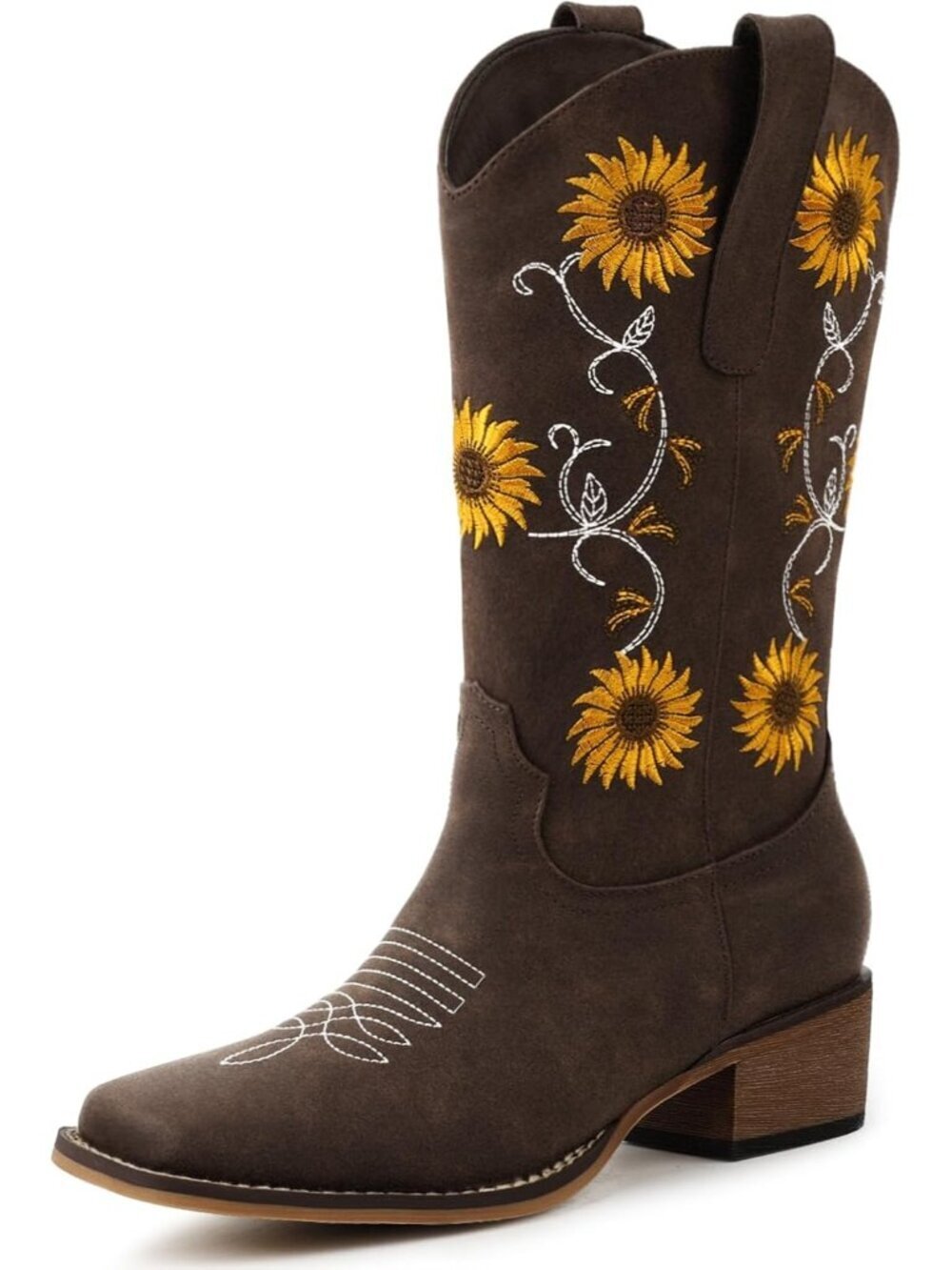 Women's Brown Square Toe Mid Calf Western Cowgirl Boot with Sunflower Embroidery